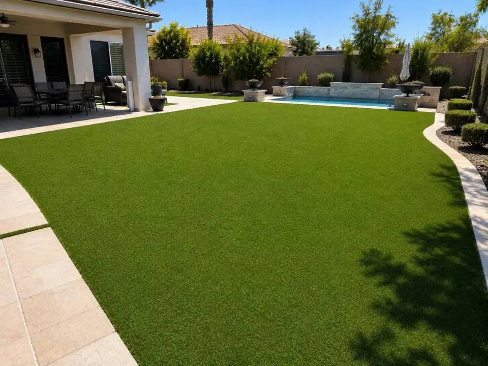Large backyard artificial turf after professional cleaning